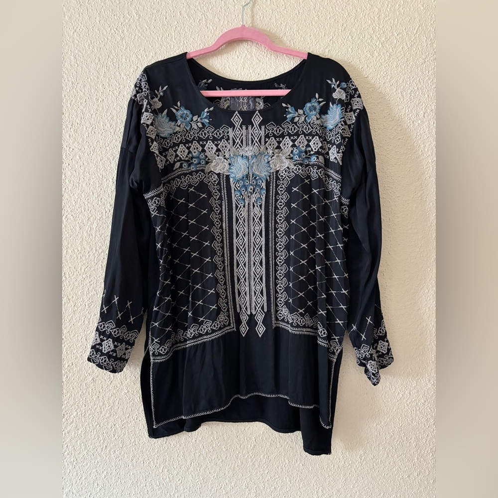 Johnny Was Black and Blue Embroidered Blouse